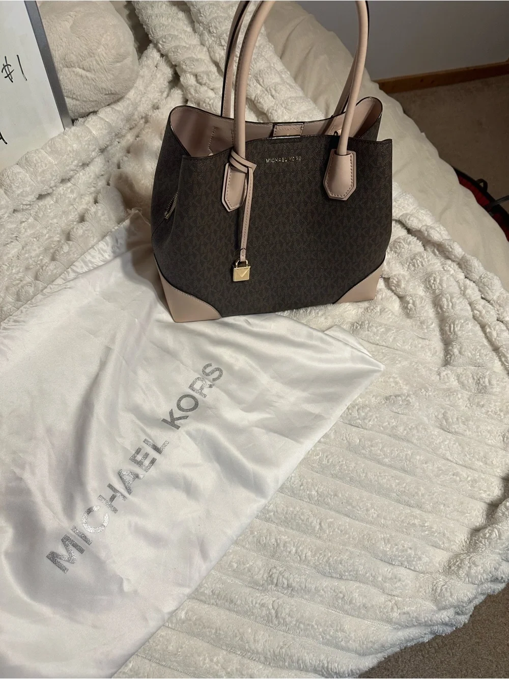 Michael Kors Dark Brown Monogram Tote with Blush Trim